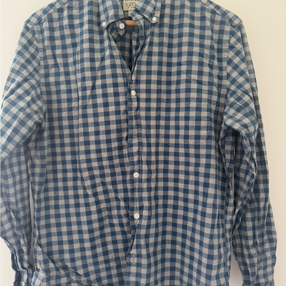 J Crew Blue and White Checkered Men's Casual Button Down Shirt Sz Medium Short